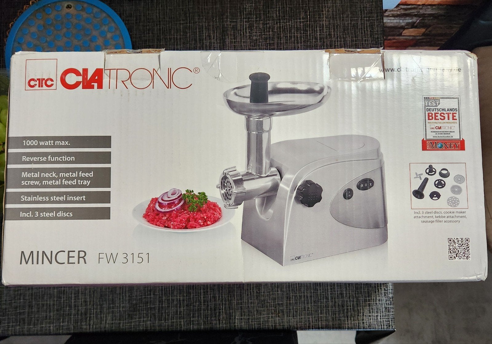 Clatronic FW 3151 Elektrische Vleesmolen, 1000W, Zilver, Witgoed en Apparatuur, Ophalen of Verzenden, Nieuw, 1 snelheid