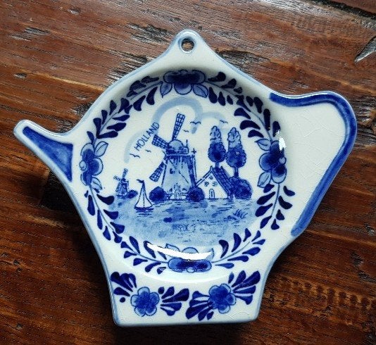 Antiek Delfts blauw theezakjeshouder met molen - genummerd, Ophalen of Verzenden