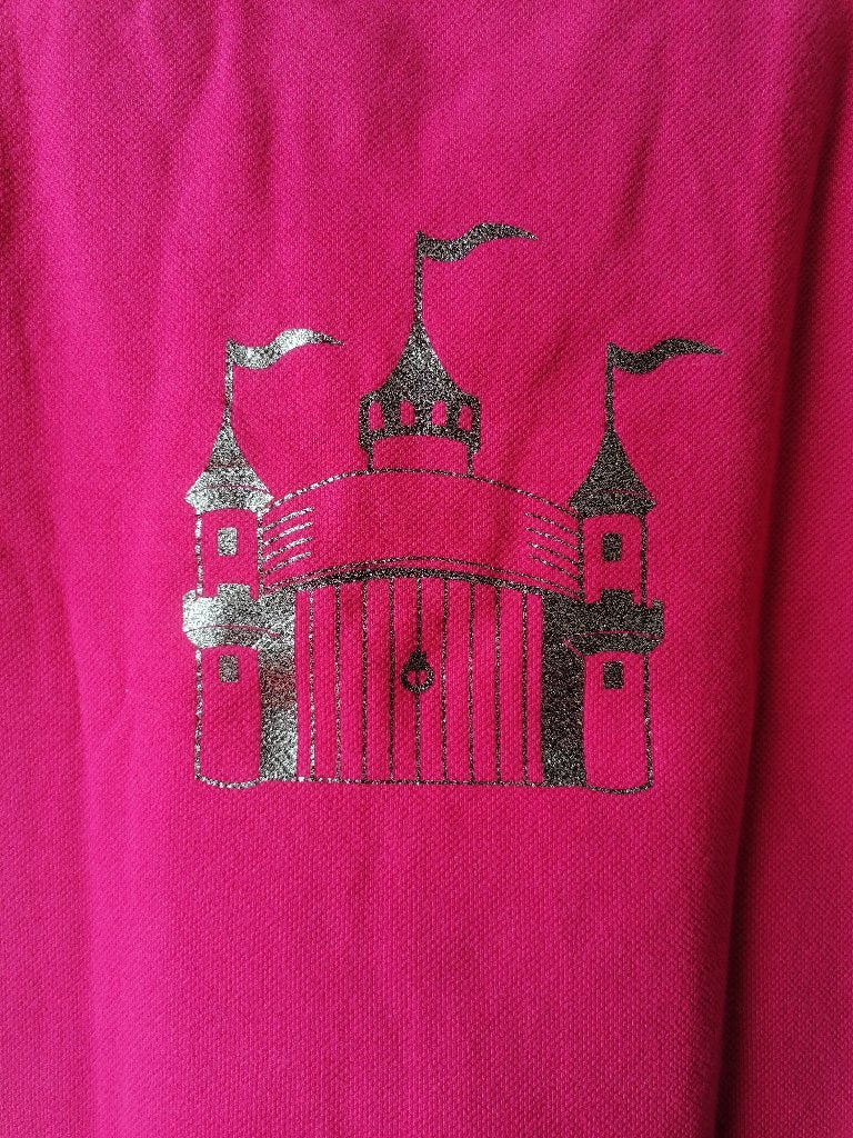 Simply Colors roze poloshirt met glitterkasteel maat 110/116, Kinderen en Baby's, Gebruikt, Meisje, Ophalen of Verzenden, Shirt of Longsleeve