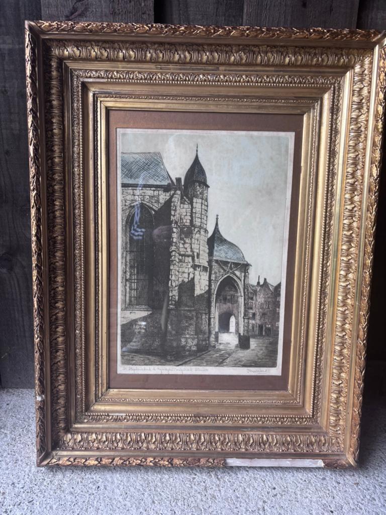 Kleurets van St. Stephenskerk, Nijmegen van C.M.v.d.Woerd, Antiek en Kunst, Kunst | Etsen en Gravures, Ophalen, Ingelijst, Ets