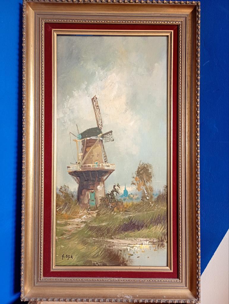 Schilderij J van Dijk - Hollandse molen, Antiek en Kunst, Kunst | Schilderijen | Klassiek, Ophalen of Verzenden
