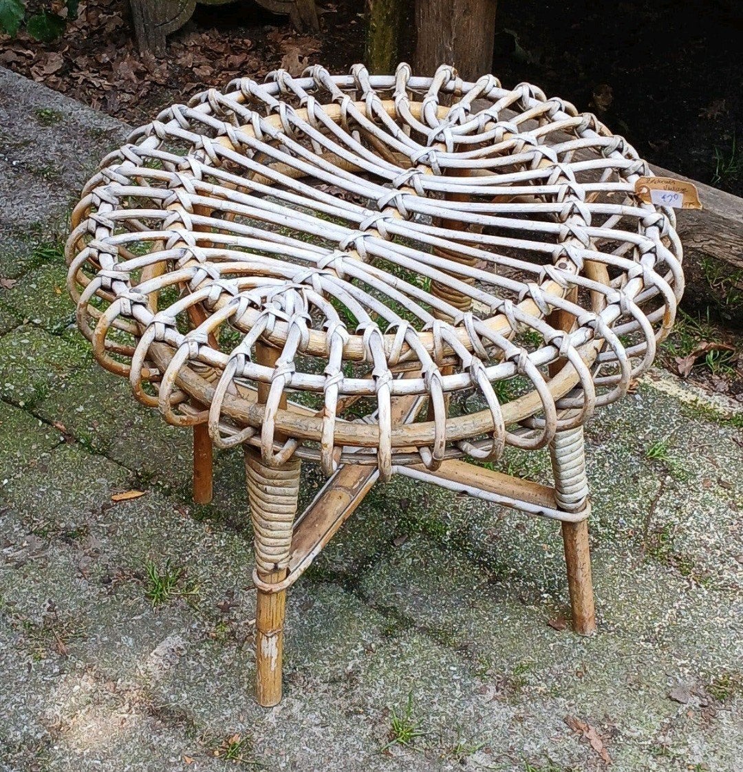 Vintage rotan krukje / bijzettafel, ca. 39 cm hoog, Ophalen of Verzenden, Gebruikt, Overige materialen