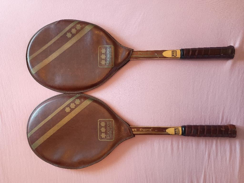 2x Vintage houten tennisracket Rucanor Set Point RS jaren 70, Sport en Fitness, Tennis, Ophalen of Verzenden, Gebruikt, Racket