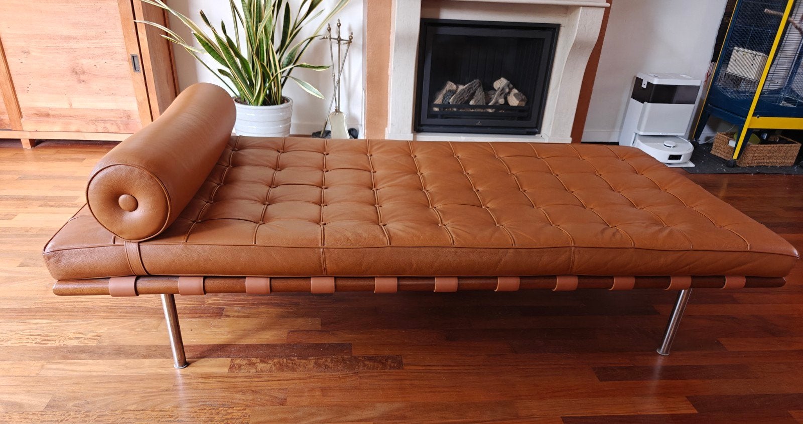 Barcelona daybed - bruin leer, hout en chromen poten, Ophalen