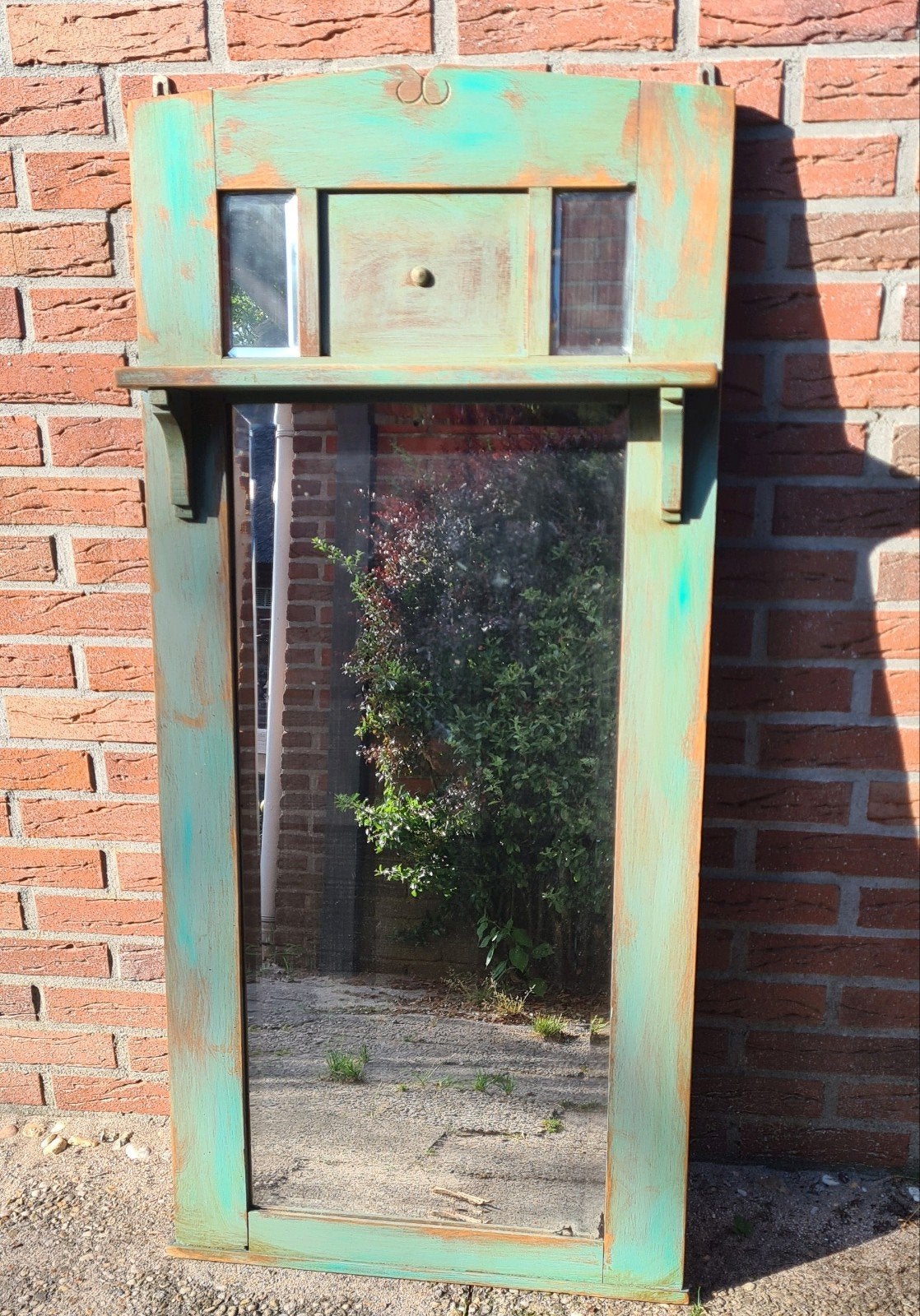 grote antieke brocante spiegel zachtgroen vintage stijl, Huis en Inrichting, Ophalen, Gebruikt, Minder dan 100 cm, Rechthoekig