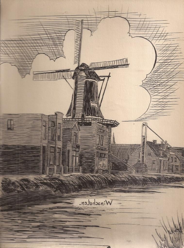 Sievers Winschoten Molen aan kanaal 50/60er jaren Tekening, Ophalen of Verzenden