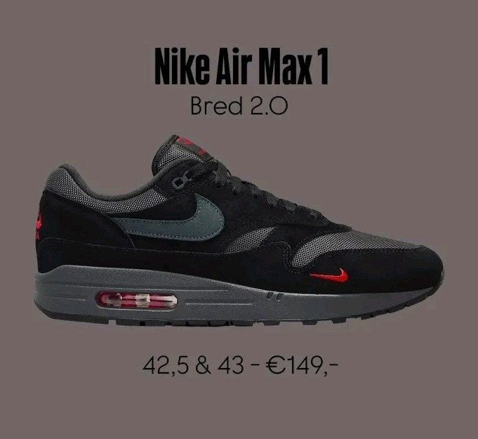 Nike Air Max 1 Bred 2.0 - 42,5 / 43, Zwart, Nike, Nieuw, Ophalen of Verzenden