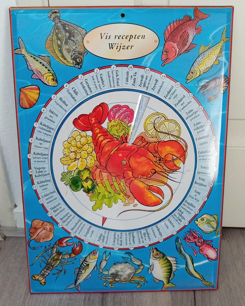 vintage metalen bord ""vis recepten wijzer"", Antiek en Kunst, Ophalen of Verzenden