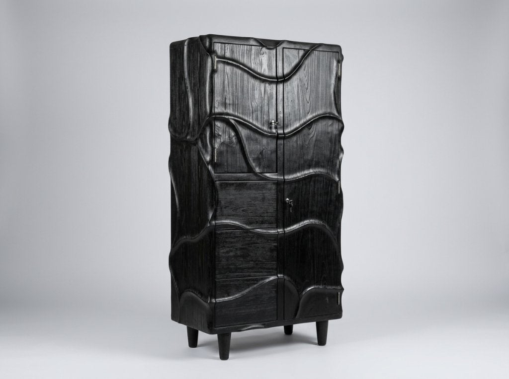 Massief teakhouten kast zwart, brutalist, handgesneden, Met deur(en), Teakhout, Nieuw, Minder dan 150 cm
