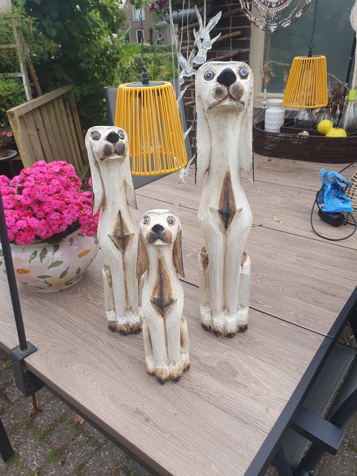 Set van 3 houten hondenbeelden - Decoratief, Gebruikt, Ophalen of Verzenden, Wit, Vintage