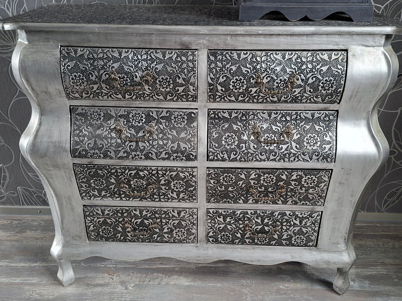 Barok ladekast zilver met patroon - Uniek design, Ophalen, Gebruikt, 100 tot 150 cm, Barok, Klassiek, Glamour