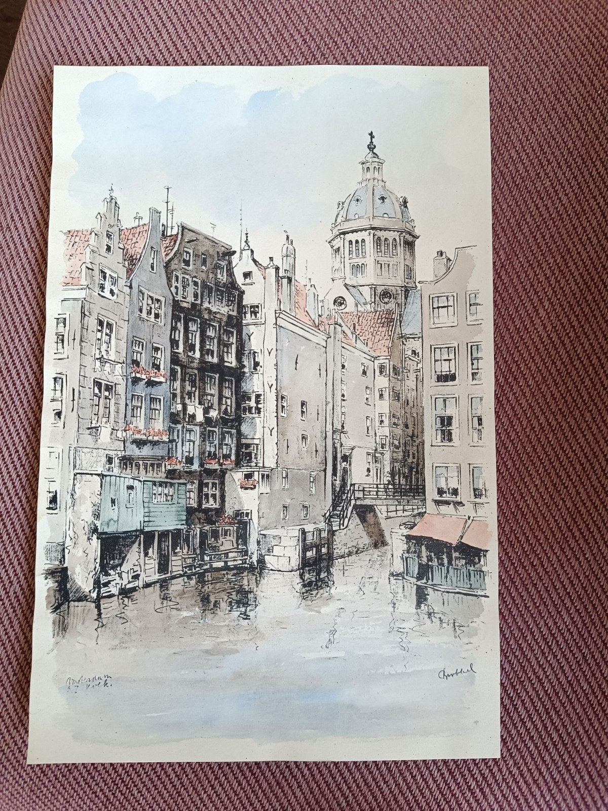 Amsterdamse grachtenpanden - tekening aquarel, Antiek en Kunst, Ophalen of Verzenden, Tekening, Gemengde techniek, Gesigneerd