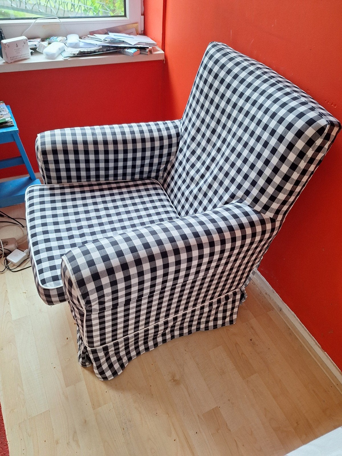 Ikea Jennylund. Comfortabele fauteuil met zwart-wit ruitpatr, Ophalen, Gebruikt, Zwart, Klassiek, Landelijk