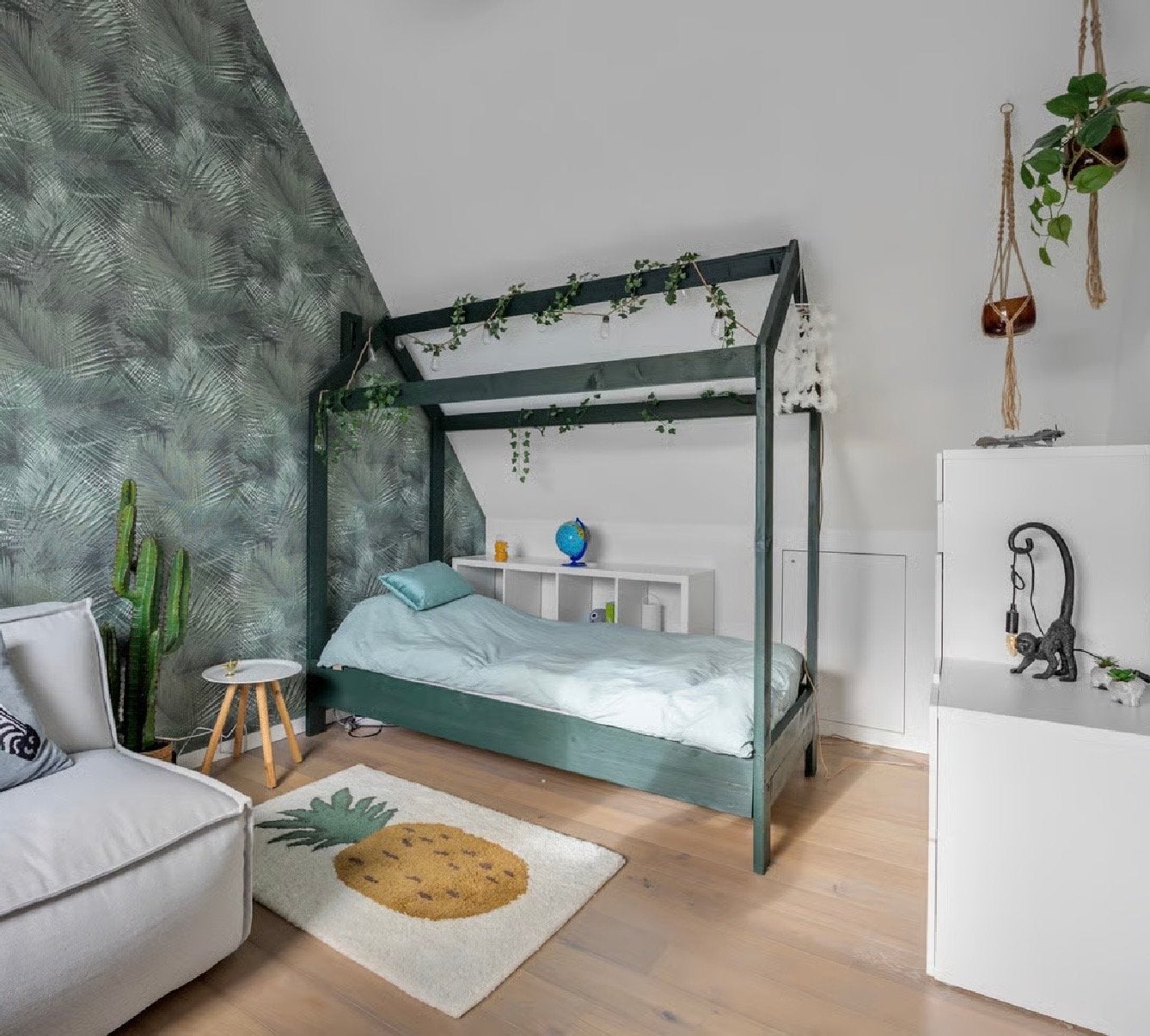 Kinderbed hout eenpersoons groen, Ophalen, Gebruikt, 90 cm, Eenpersoons