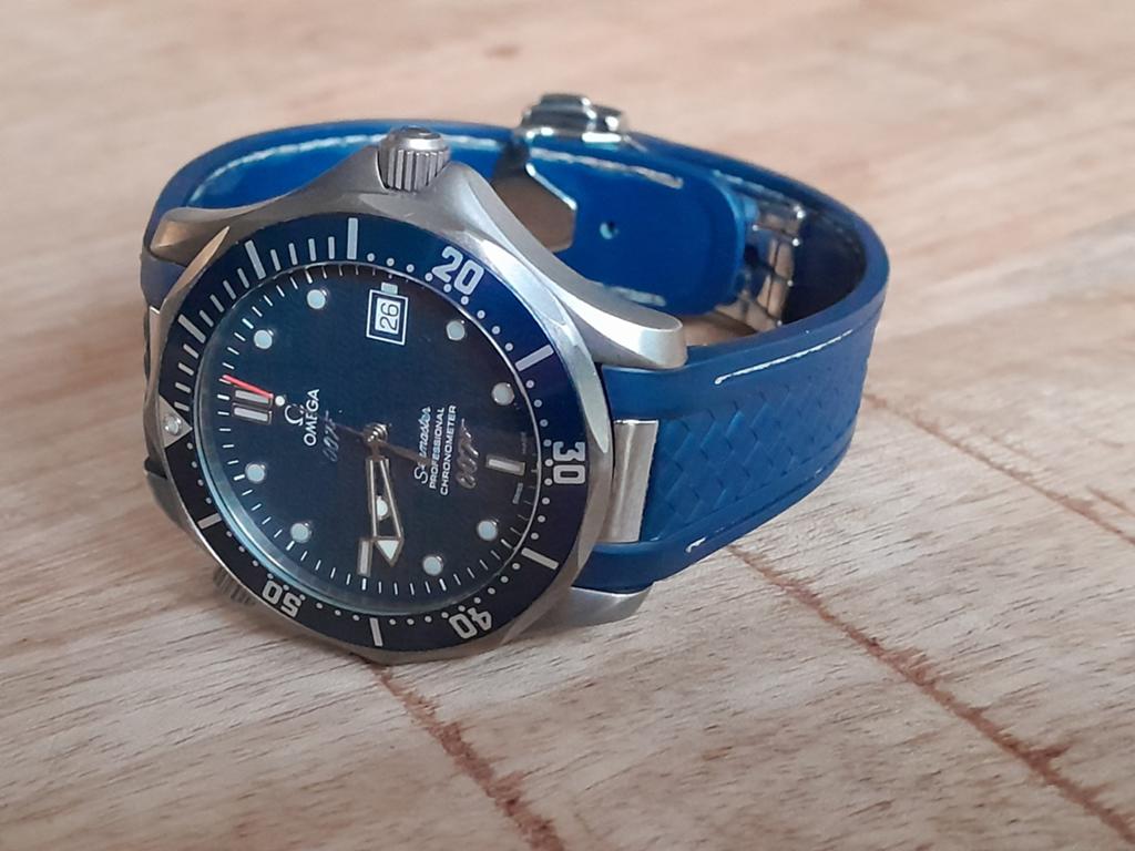 Rubberen band voor Omega Seamaster blauw met vouwsluiting, Ophalen of Verzenden, Zo goed als nieuw