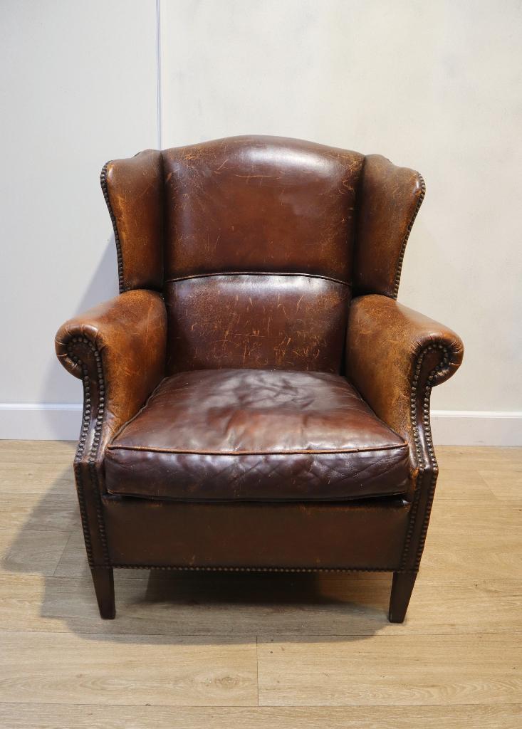 Lederen oorfauteuil, clubfauteuil, Ophalen of Verzenden, Gebruikt, 75 tot 100 cm, Leer