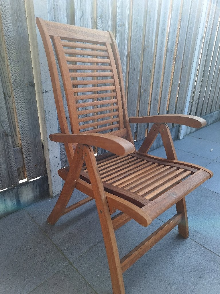 3 houten tuinstoelen, Ophalen, Gebruikt, Hout, Verstelbaar