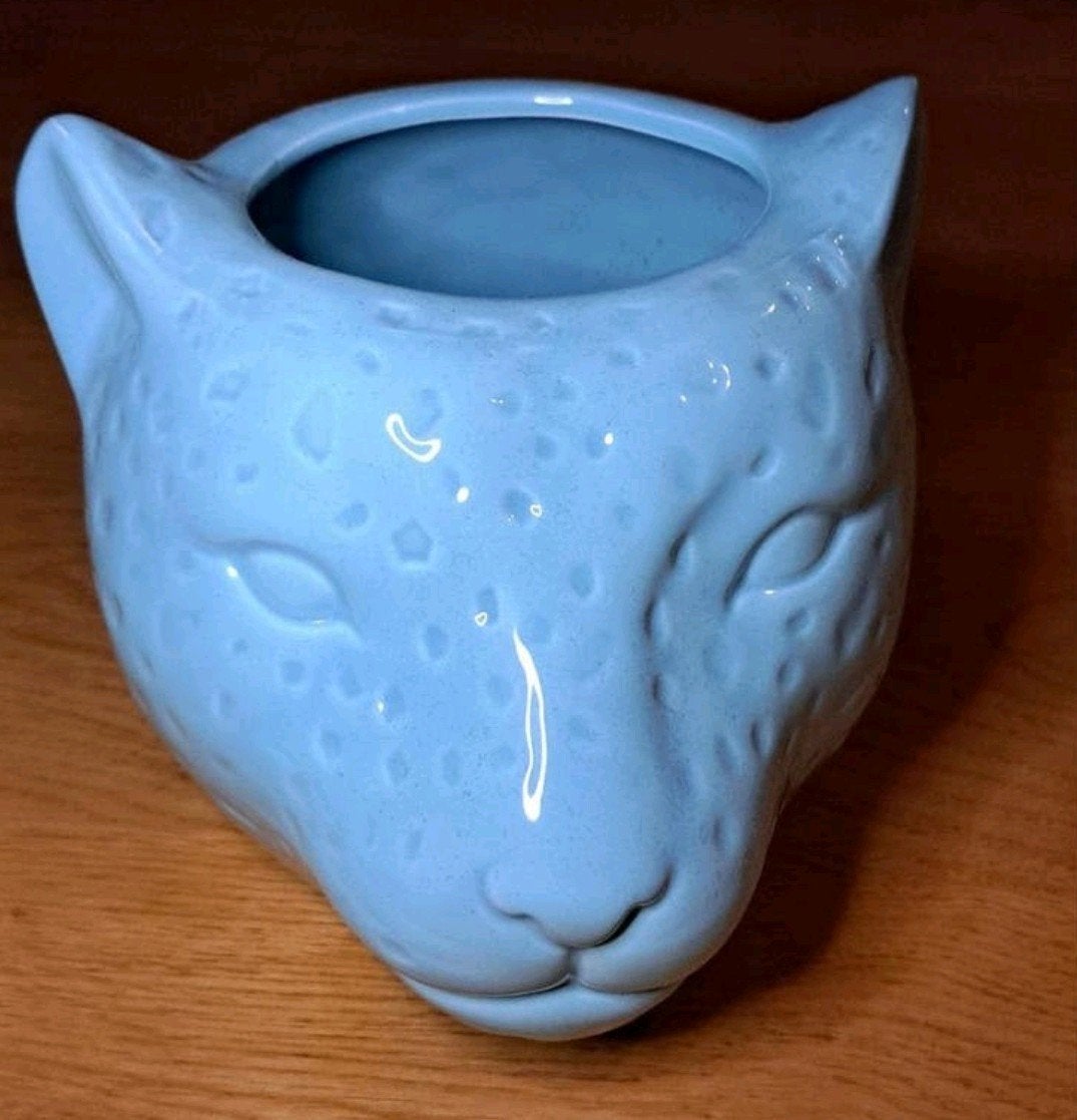 Leuke blauwe panter bloempot 14 cm, Blauw, Aardewerk of Porselein, Ophalen of Verzenden, Zo goed als nieuw