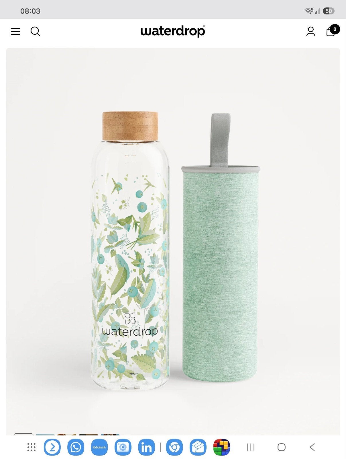 Waterdrop glazen fles 600ml kleur Clean (mint en geel), Ophalen of Verzenden, Nieuw