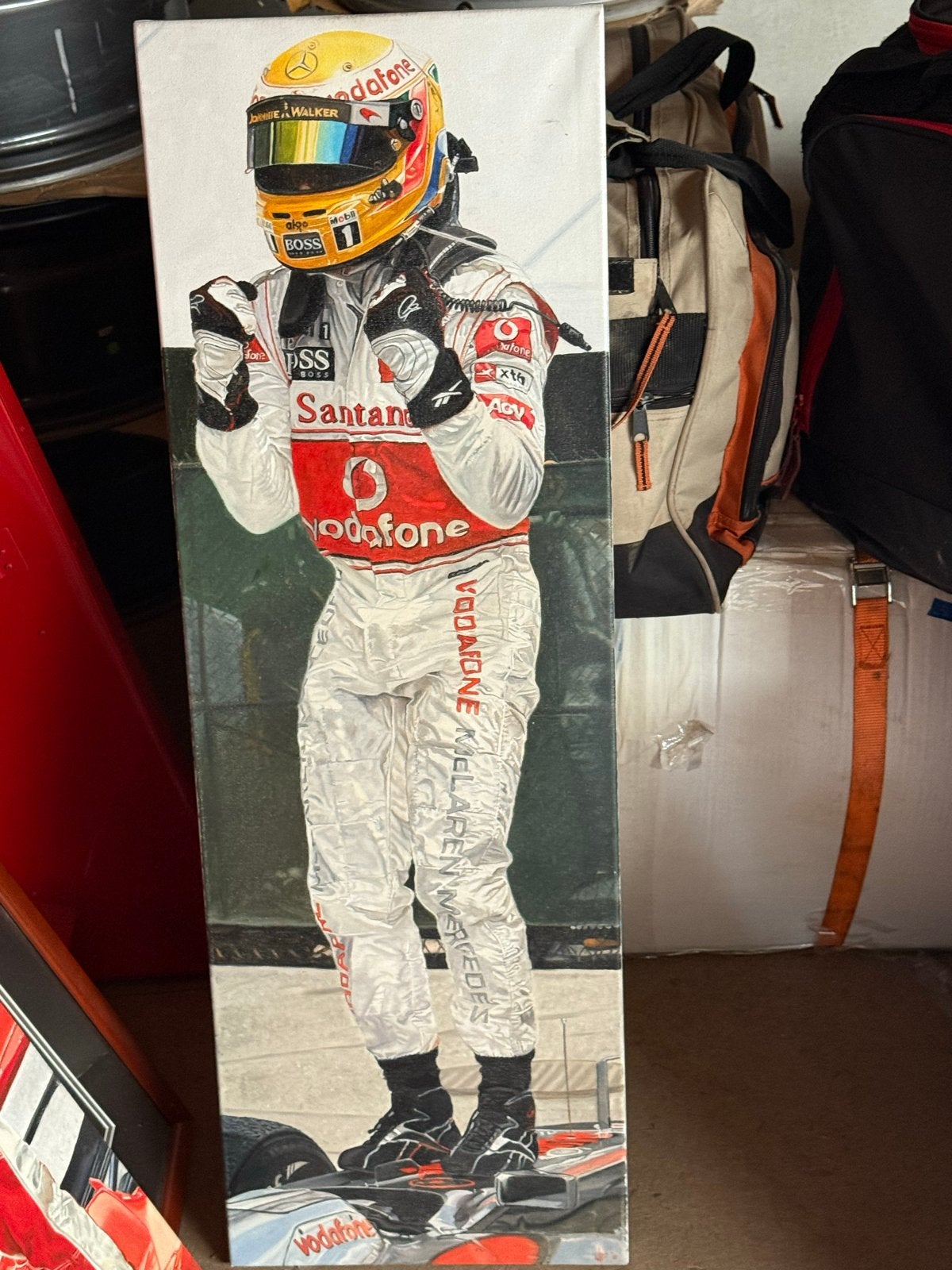 Schilderij Formule 1 coureur Lewis Hamilton, Antiek en Kunst, Doek, Portret of Personen, Realistisch, Ophalen of Verzenden