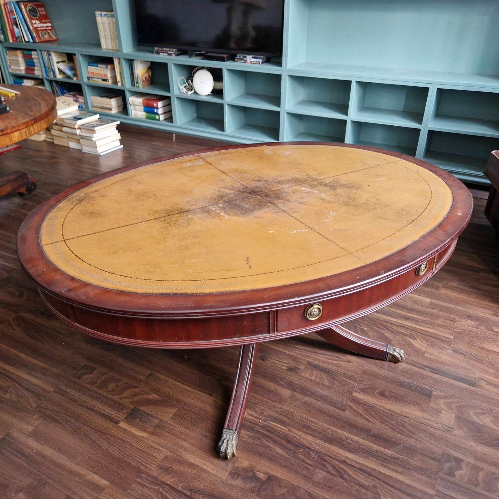 Antieke mahonie Salontafel met Leer Inleg, ophalen z.s.m., Ophalen