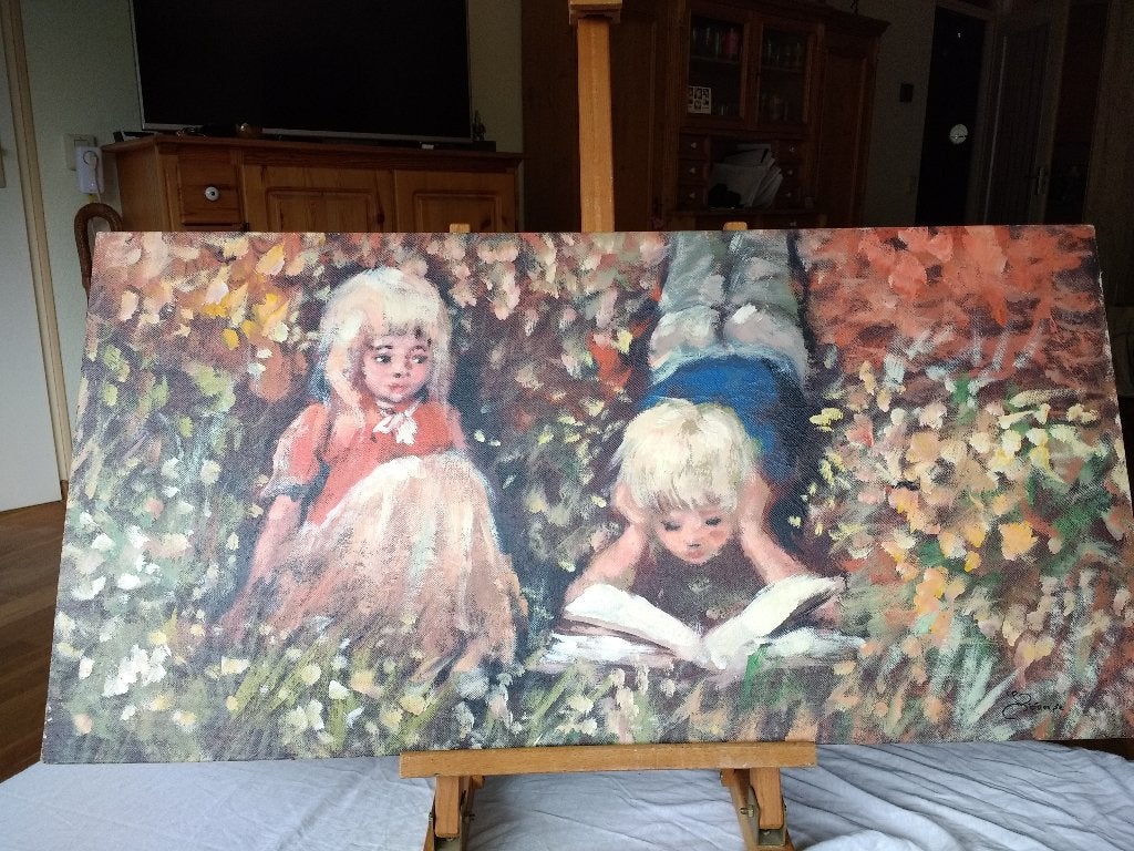 Schilder JONGEN en MEISJE in Bloementuin ., Ophalen of Verzenden, Gesigneerd