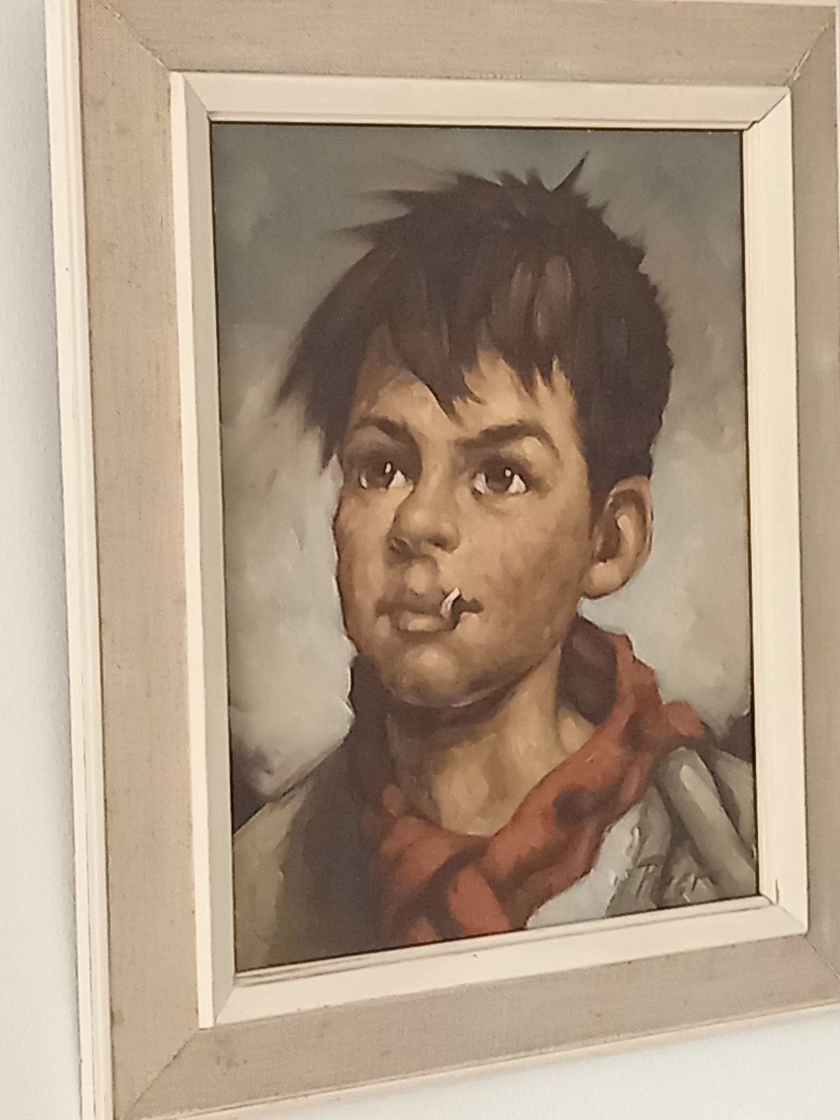 een zeer oud olieverf werk van een zigeuner jongen met sigar, Antiek en Kunst, Ophalen of Verzenden