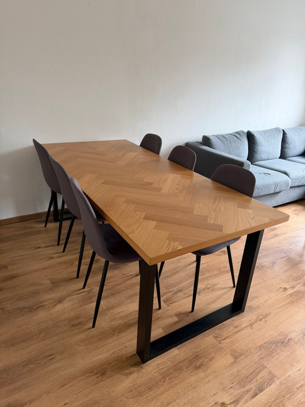 Eettafel JYSK agerskov visgraat mangohout + stoelen jonstrup, Ophalen, 50 tot 100 cm, Zo goed als nieuw, Vijf personen of meer