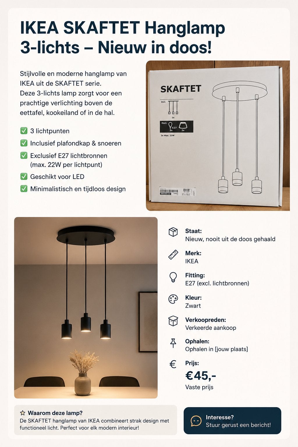 Ikea Skaftet hanglamp 3-lichts, helemaal nieuw! RVS, Nieuw, Metaal, Modern, E27 (groot)