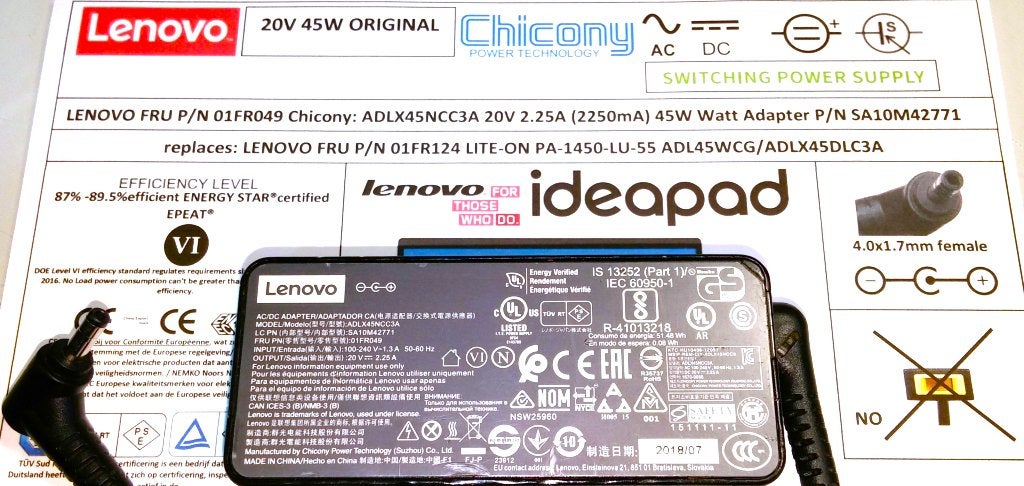LENOVO 01FR049 Chicony 20V 2.25A 45W Adapter 4.0x1.7mm lader, Ophalen of Verzenden, Zo goed als nieuw, Lenovo origineel