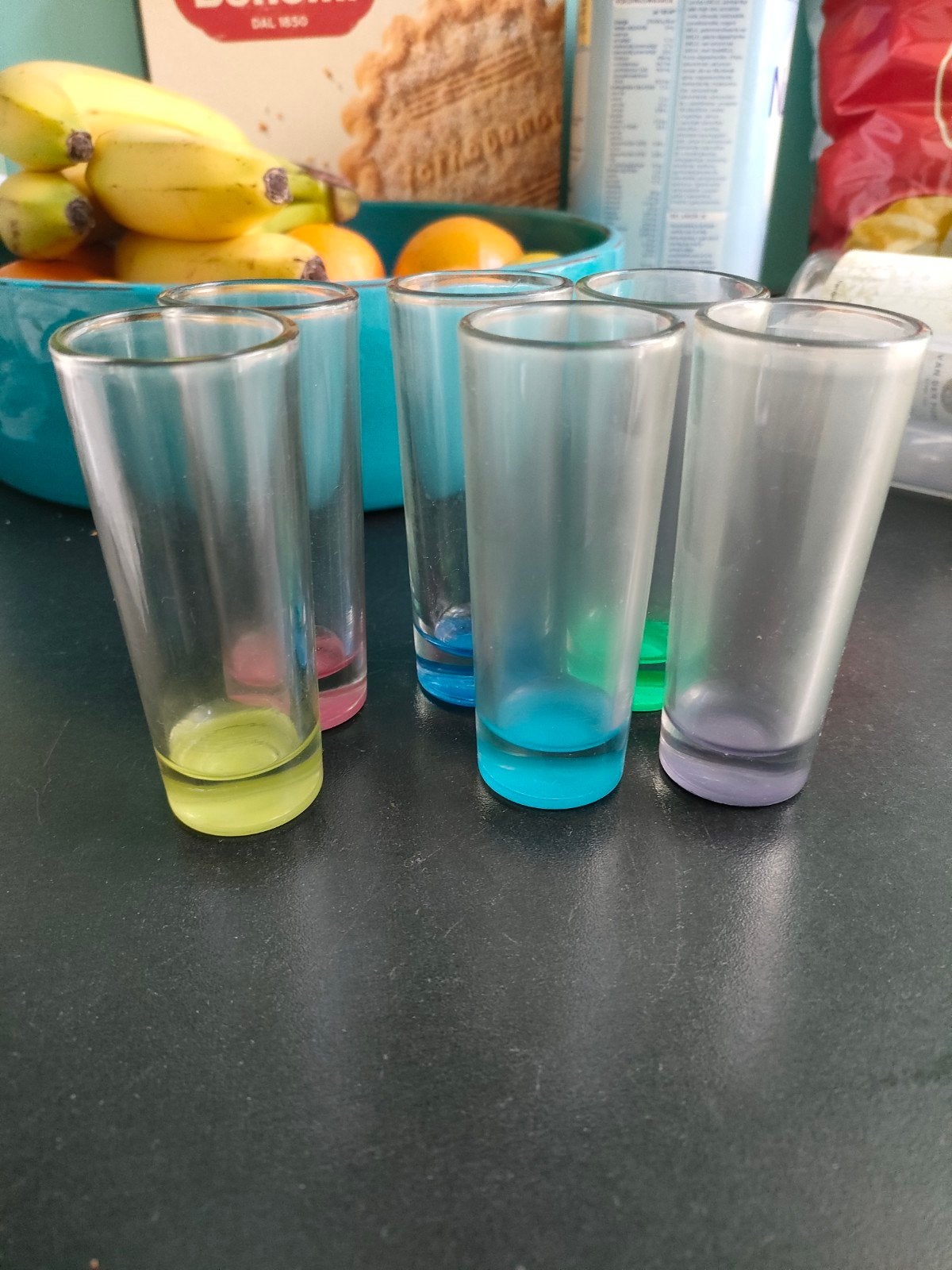 Set van 6 gekleurde borrel-/shotjes glaasjes. Helder glas., Ophalen, Gebruikt, Meerkleurig, Glas