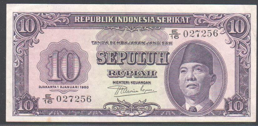 Indonesia 10 Rupiah 1950, Postzegels en Munten, Verzenden, Zuidoost-Azië, Los biljet