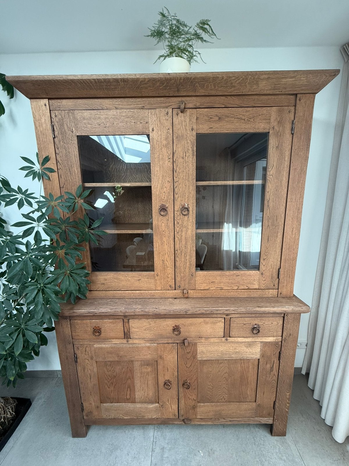 Antieke Eikenhouten Vitrinekast met Lades en Deuren, Ophalen, Gebruikt, 100 tot 150 cm, 200 cm of meer