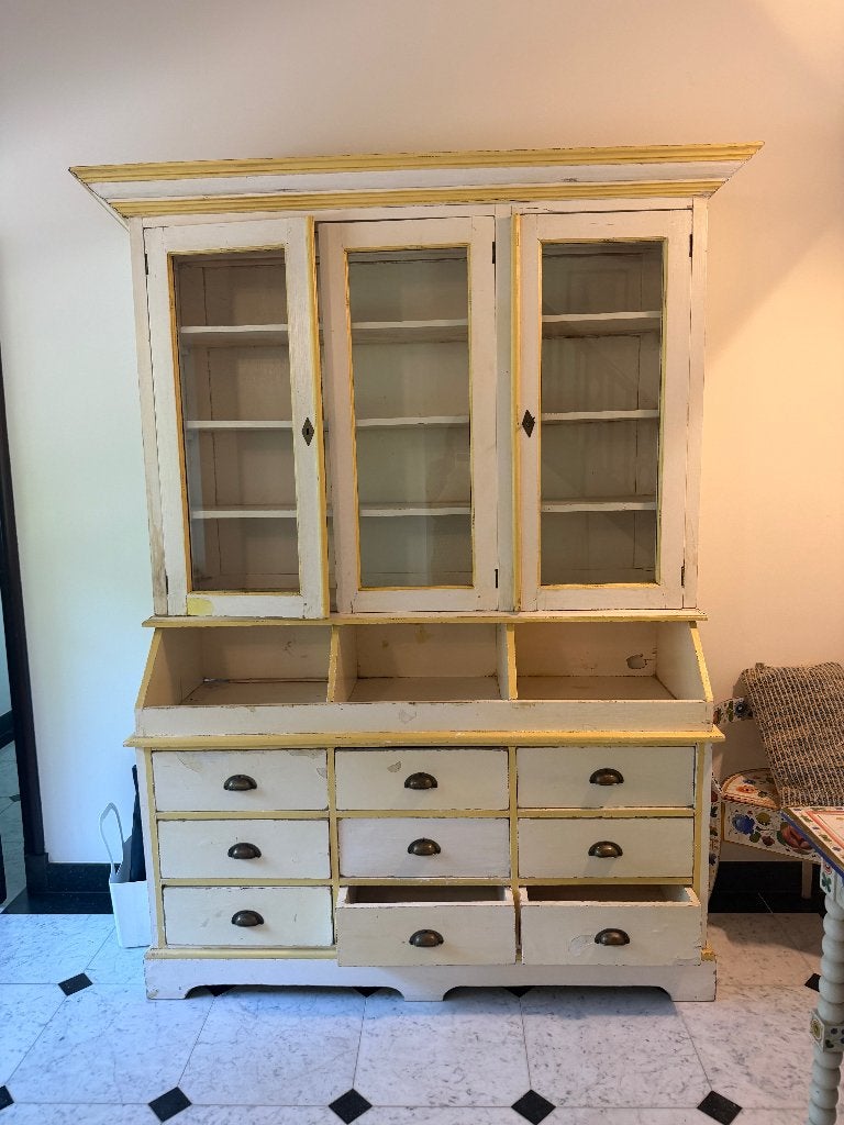 houten apothekerskast, servieskast, ladekast, geel/wit, Ophalen, Apothekerskast, Gebruikt, 100 tot 150 cm