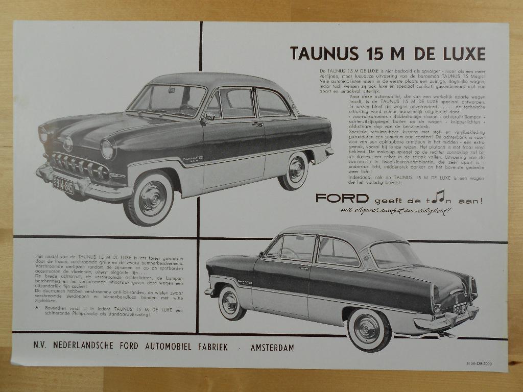 Ford Taunus 15M De Luxe Specificatie Brochure 1956, Boeken, Ford, Ophalen of Verzenden, Zo goed als nieuw, Ford