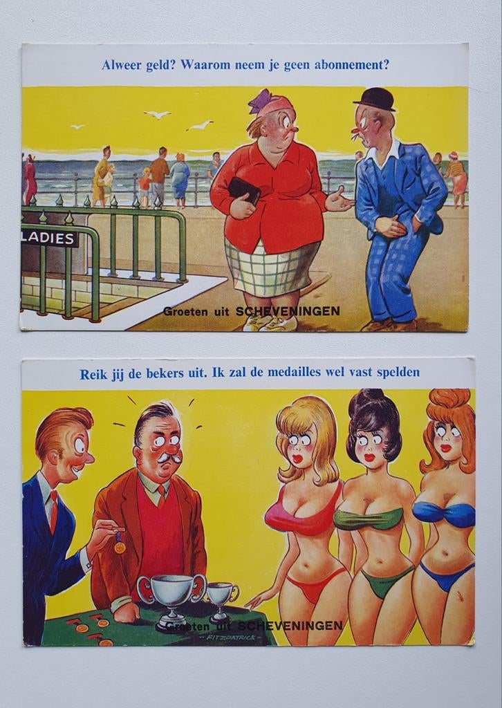 2x Vintage Humoristische Ansichtkaarten Scheveningen, Verzamelen, Ansichtkaarten | Nederland, Ophalen of Verzenden, 1960 tot 1980