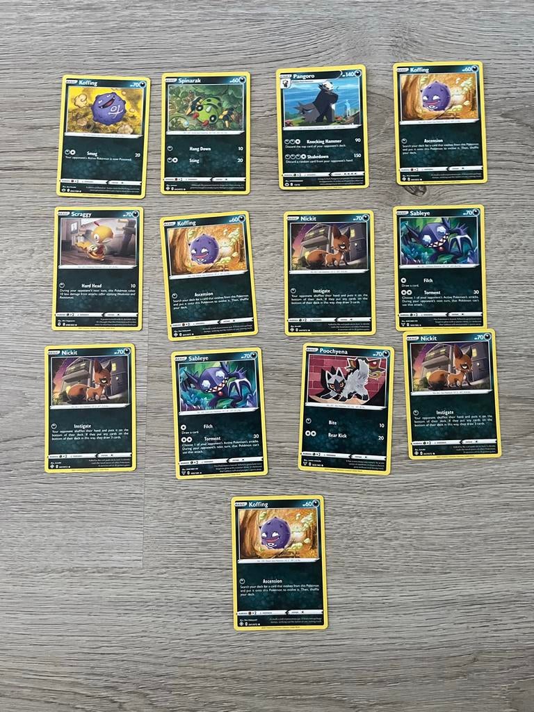 Pokémon Kaarten Set - KOFFING, NICKIT, SABLEYE, POOCHYENA, Ophalen of Verzenden, Gebruikt, Meerdere kaarten