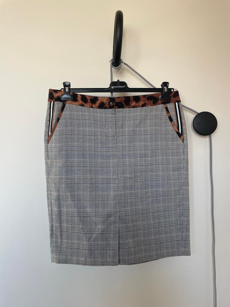 Rok pied de poule MarcAurel met panterrandje maat 42, Wit, Maat 42/44 (L), Ophalen of Verzenden, Knielengte