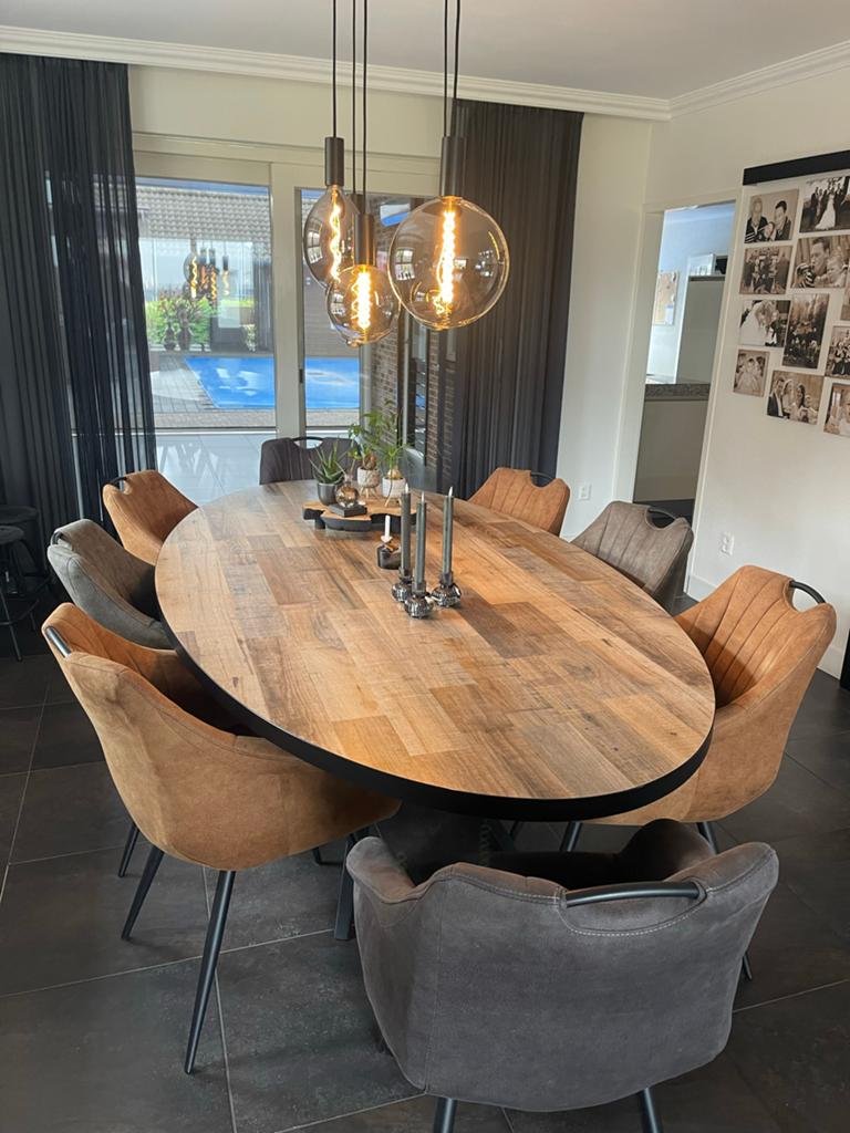 Eettafel met 8 stoelen (Cognac, Groen, Grijs), Huis en Inrichting, Tafels | Eettafels, 100 tot 150 cm, 200 cm of meer, Ophalen of Verzenden