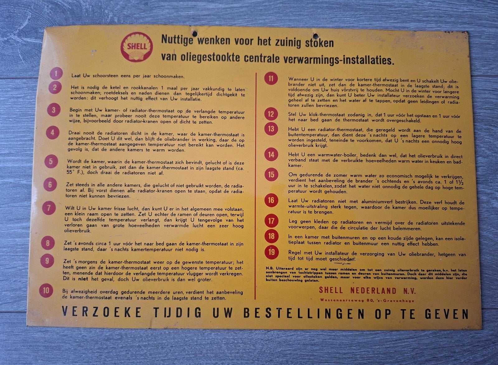 Jaren 50-60 Shell blikken instructie wandbord, Ophalen of Verzenden, Gebruikt, Reclamebord