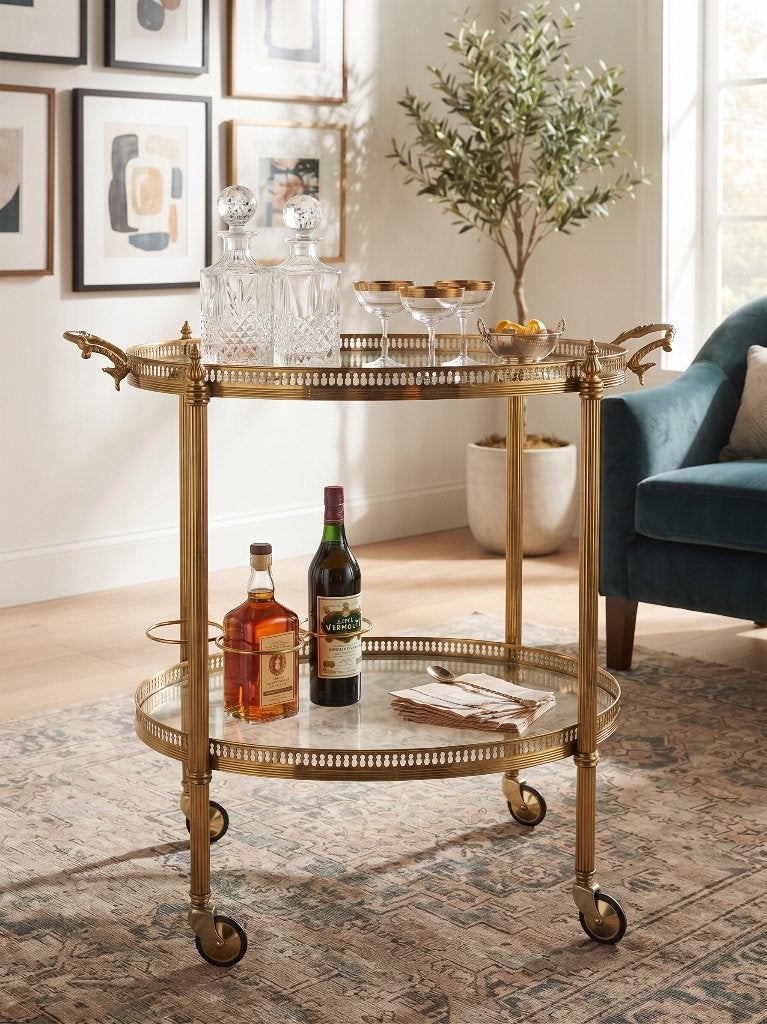 Vintage Brass & Glass Bar Cart / Serving Trolley – Handmade, Ophalen, Huis en Inrichting