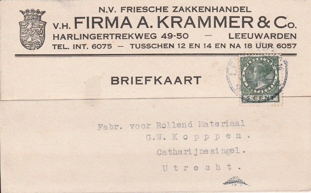 LEEUWARDEN 1935 Fa KRAMMER & Co Friesche Zakkenhandel, Ophalen of Verzenden, 1920 tot 1940, Gelopen, Friesland