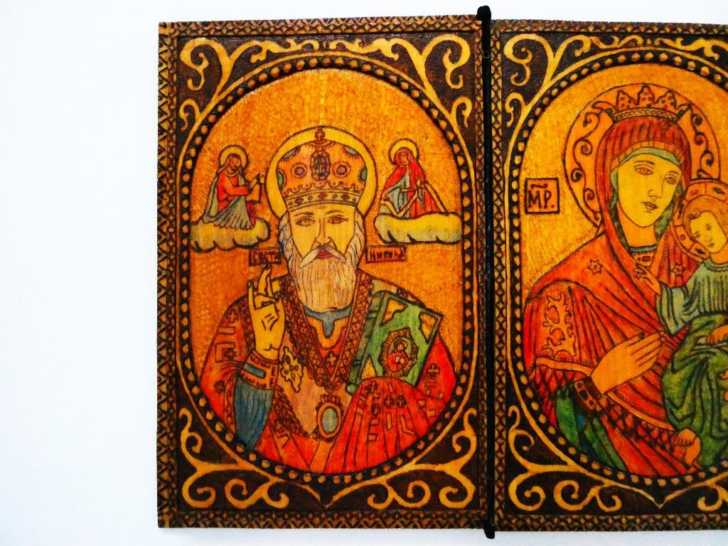 Byzantijns 2 luik Icoon St. Nicolaas Maria Jezus Pyrografie, Antiek en Kunst, Antiek | Religie, Ophalen of Verzenden