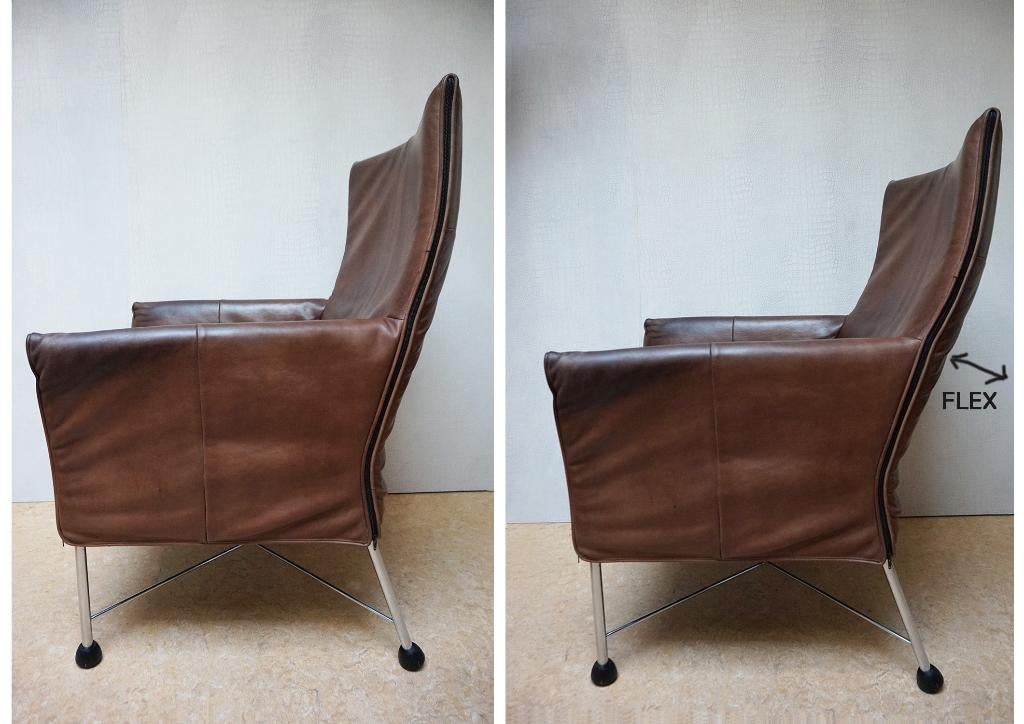 Vintage Montis Charly Flex fauteuil in bruin leer, Ophalen, Gebruikt, 75 tot 100 cm, Metaal