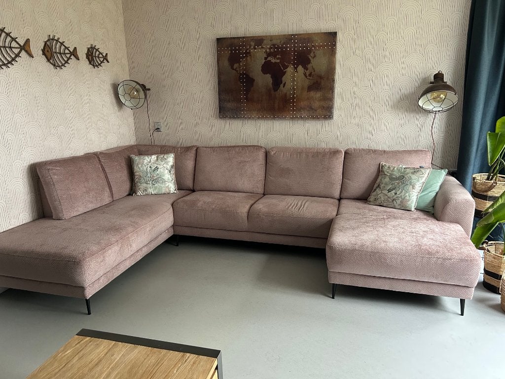 Grote hoekbank in movie magnolia stof met chaise longue, Ophalen, Gebruikt, Stof, Modern, Comfortabel