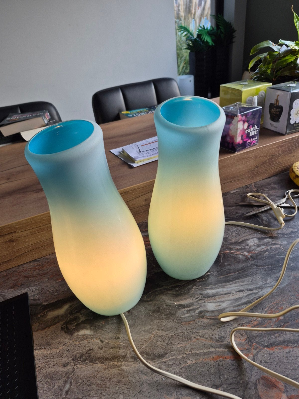Set van 2 Vintage Glazen Tafellampen - Blauw/Wit, Blauw, Gebruikt, Overige merken, Vintage