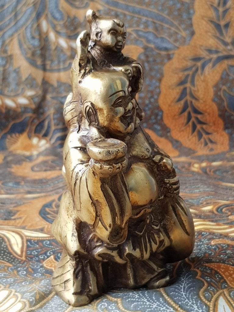 Mooi zwaar oud Chinees brons beeldje van Boeddha met kind., Antiek en Kunst, Handgemaakt, Ophalen of Verzenden, China, Brons