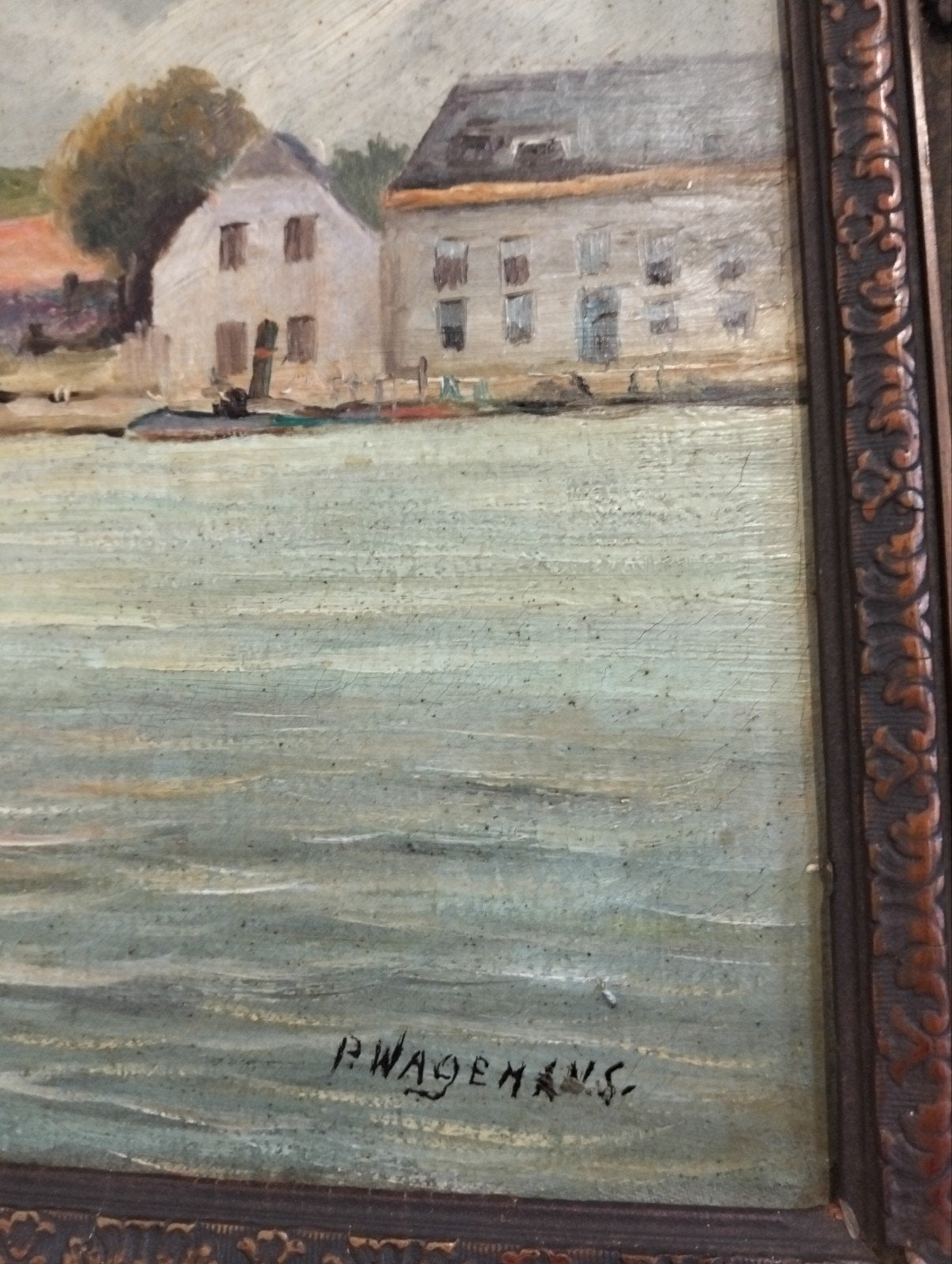 Olieverfschilderij P. Wagemans - Stadsgezicht aan het water, Ophalen of Verzenden