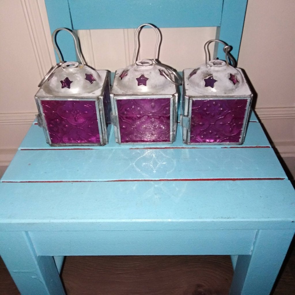 3 lantaarntjes voor waxinelichtje in roze glas in lood style, Ophalen, Gebruikt, Overige materialen, Kandelaar