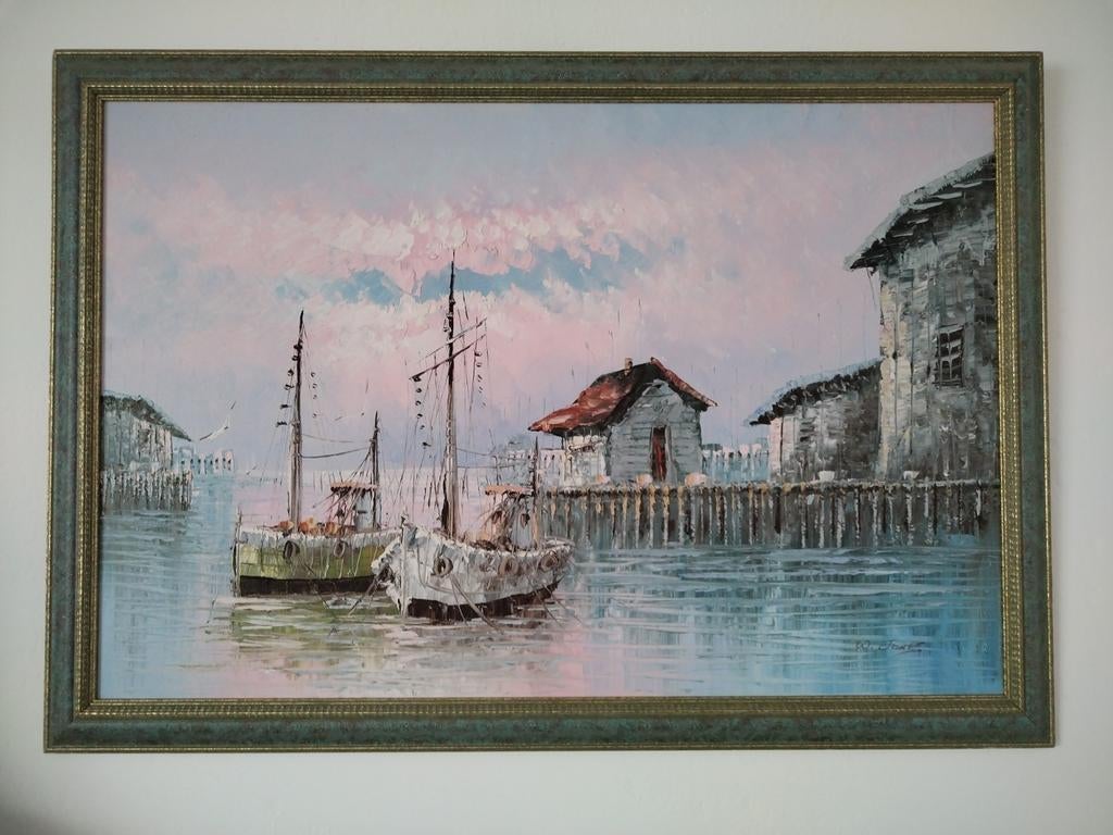 Schilderij met boten in haven, Ophalen of Verzenden